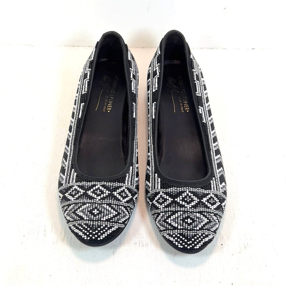 Donald J Pliner Hasin Glass Beaded Ballet Flats Shoe - Black/White/Gray -Women 8 - Picture 3 of 11